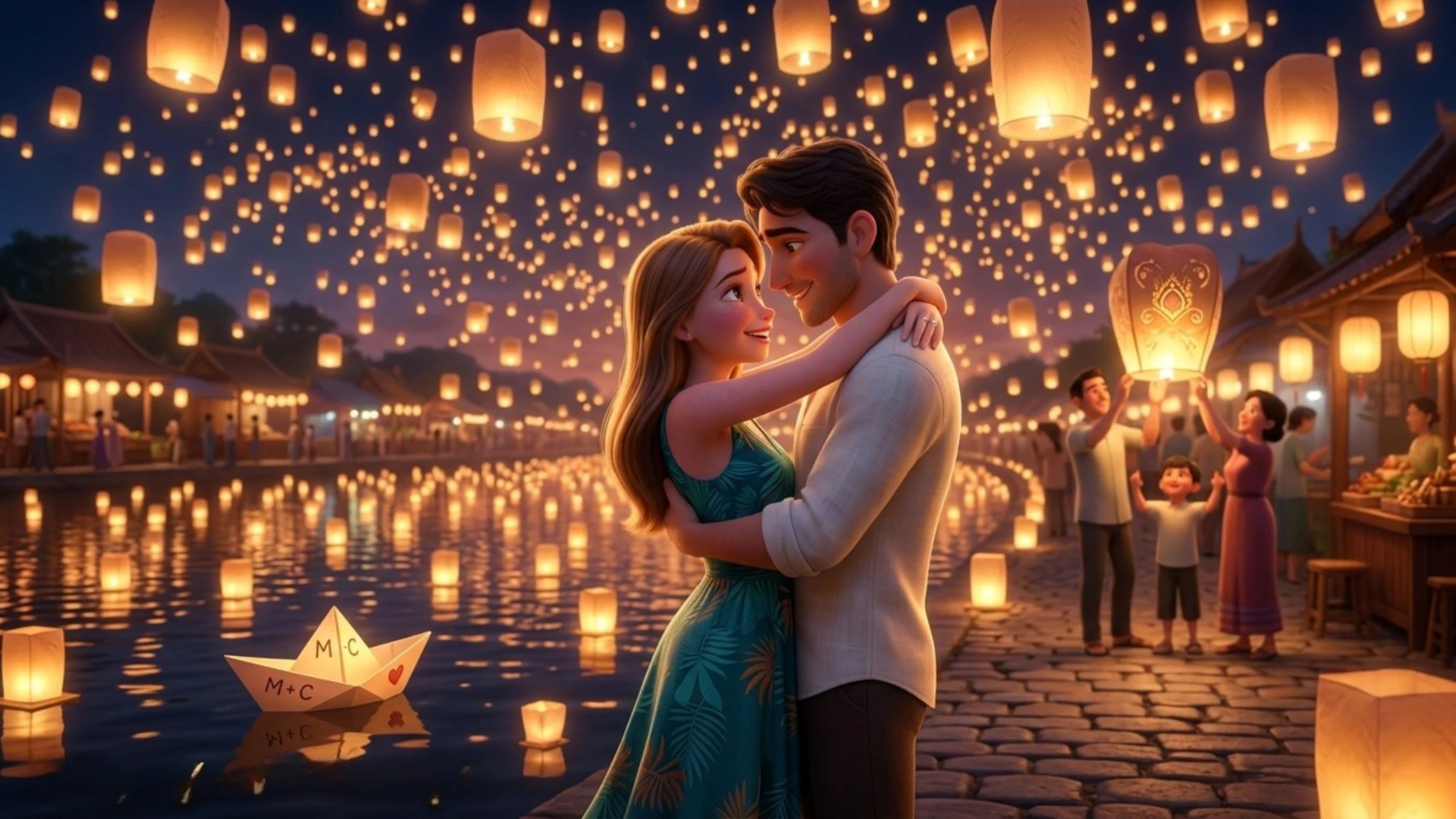 Animated couple embracing by a river during a glowing sky lantern festival