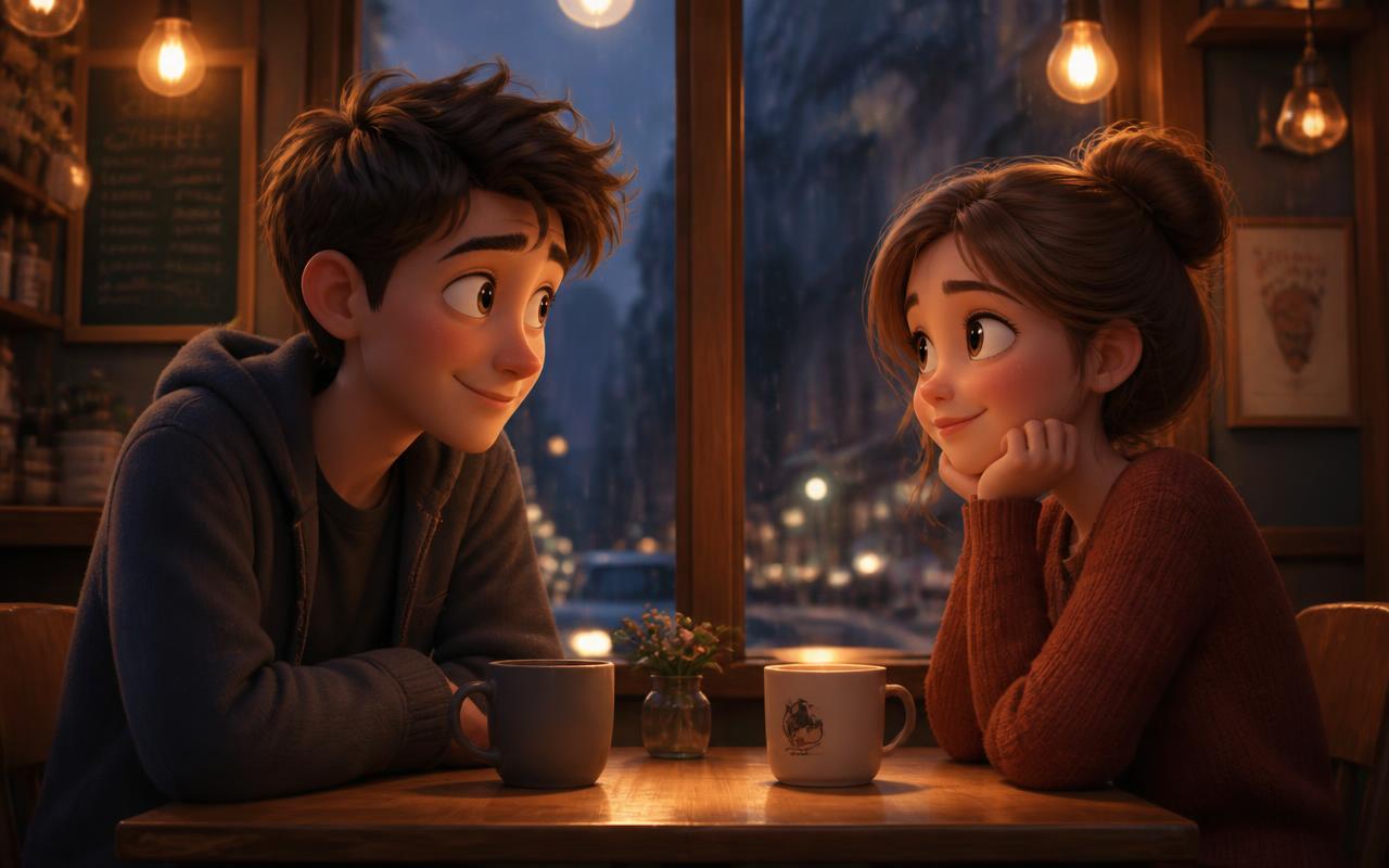 Animated couple meeting in a cozy cafe