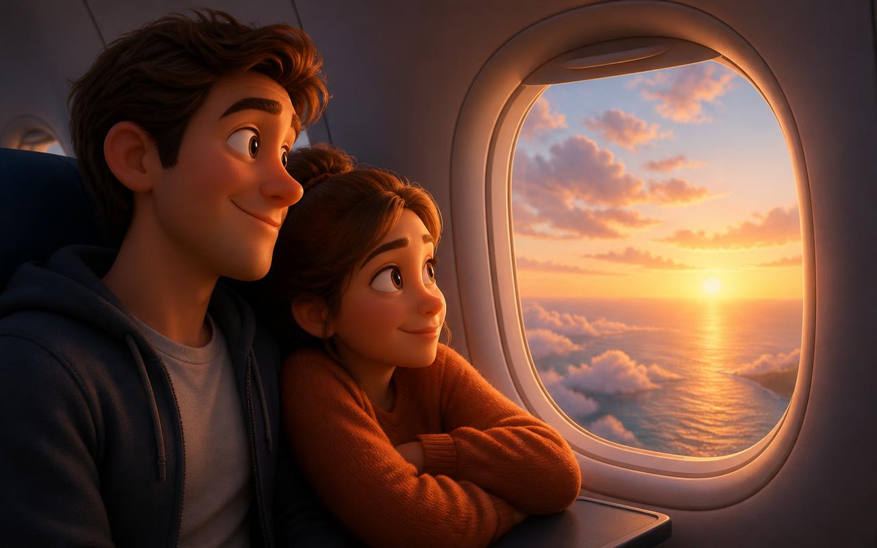 Animated couple flying over the ocean