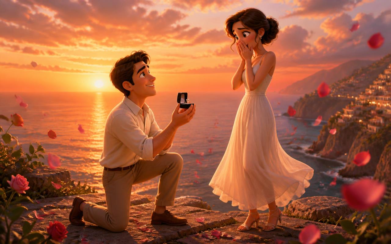 Animated proposal on a cliff at sunset